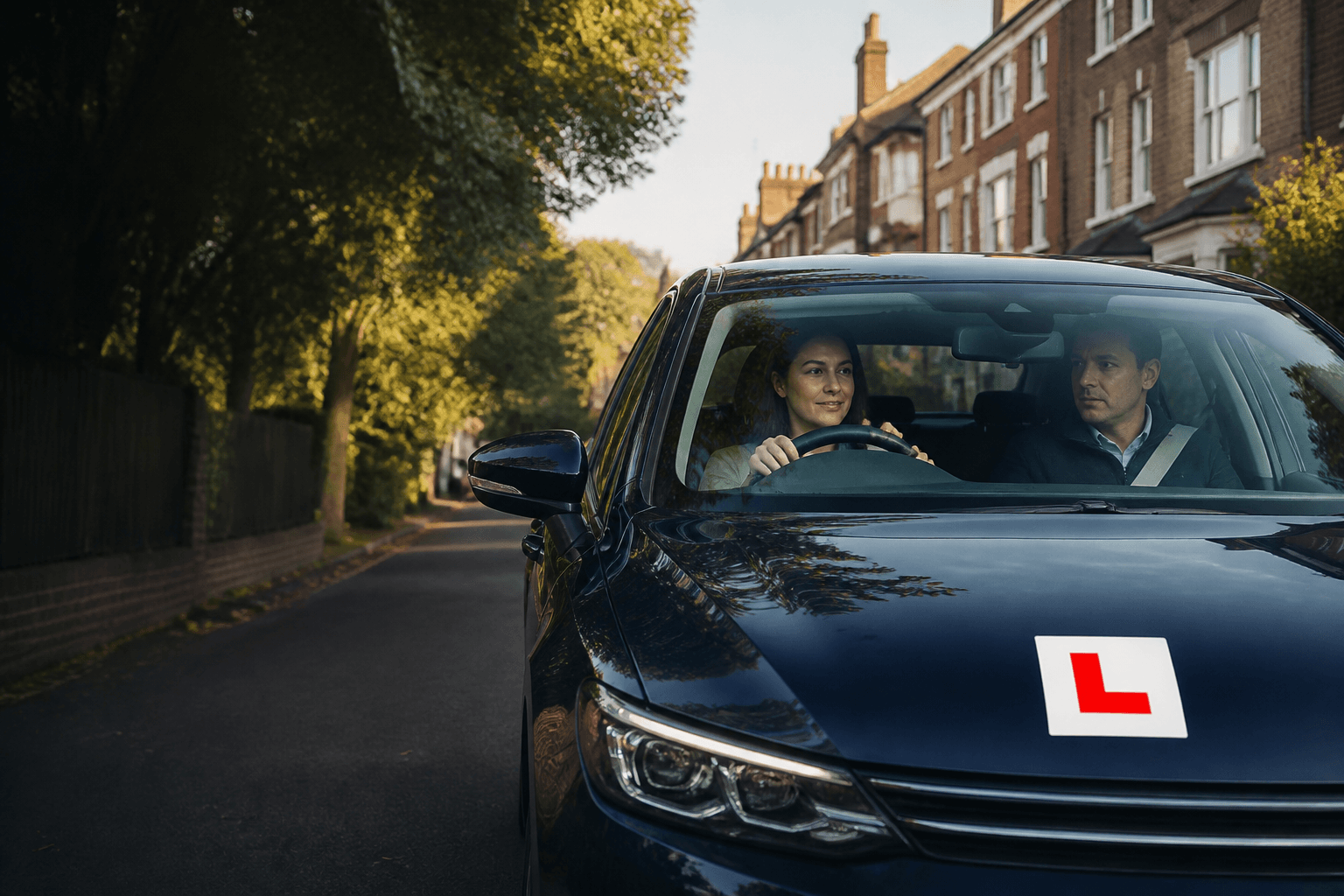 Learner driver and instructor in a navy learner car on a quiet Nottingham street