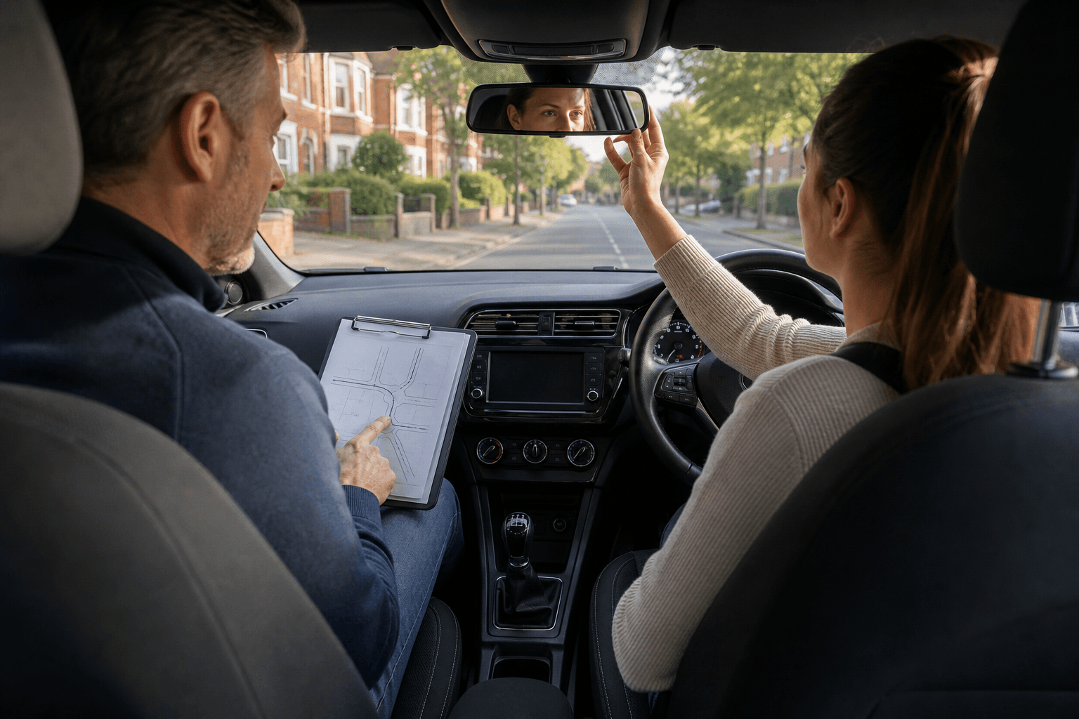 A learner checks the rear-view mirror while an instructor discusses a route inside a right-hand-drive car