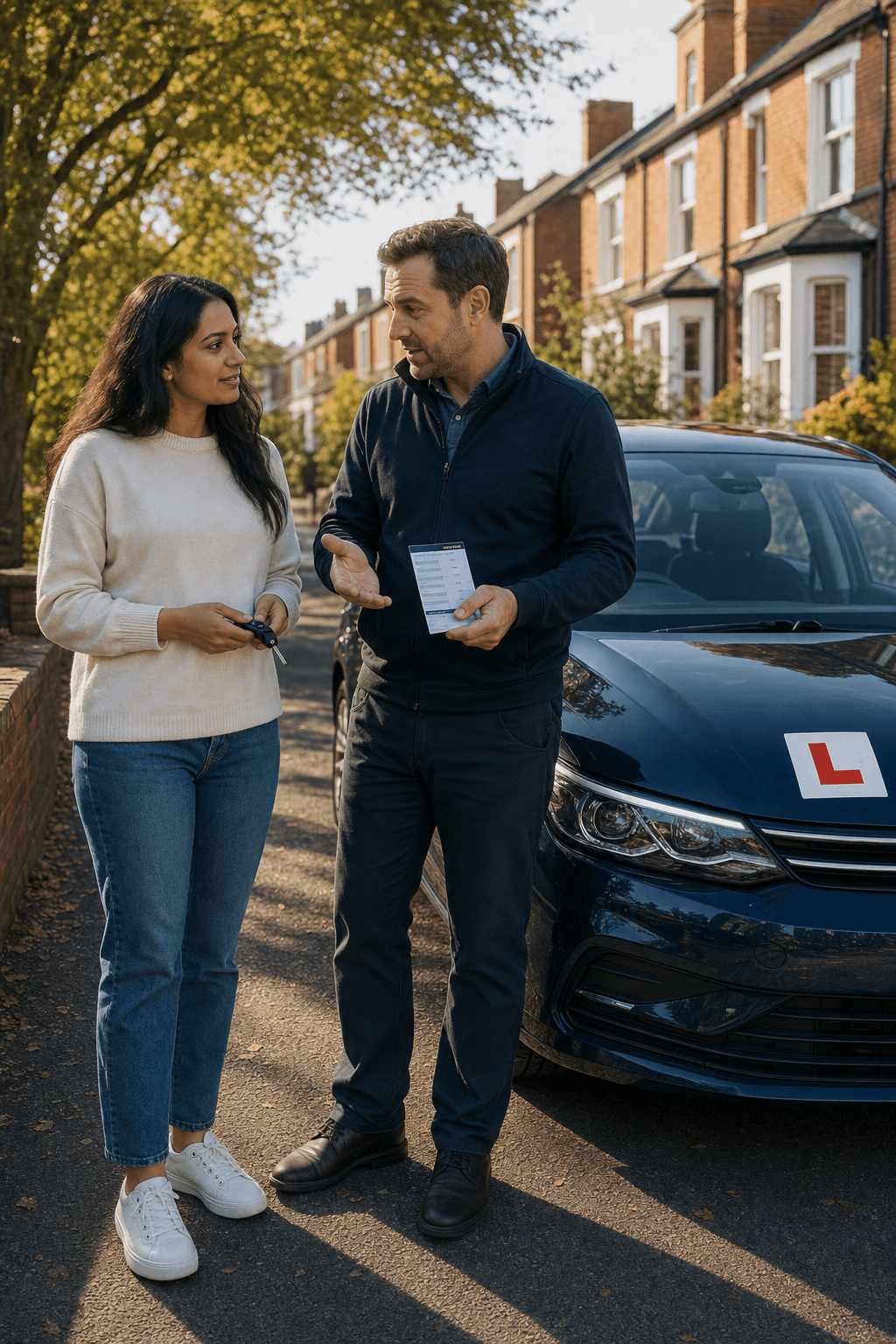 A learner and driving instructor talking beside a navy learner car on a Nottingham street